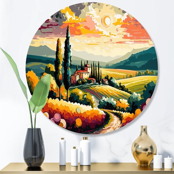 Designart "Radiating Sun Over Plains II" Landscape Modern Metal Round Wall Art Prints