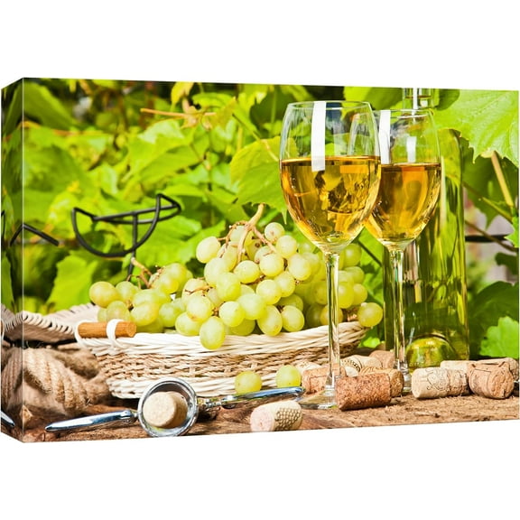 Green Grapes & White Wine with Corks Drinks Cocktails Photography Modern Art Chic Scenic Multicolor Ultra for Living Room, Bedroom, Office - 12"x18"