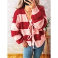 thumbnail image 4 of Women'S Loose Casual V-Neck Long-Sleeved Sweater Jacket Striped Contrast Lace-Up Knitted Cardigan Red XL, 4 of 9