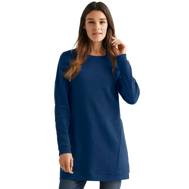 Ellos Women's Lace Trim Sweatshirt Tunic Sweatshirt - Walmart.com