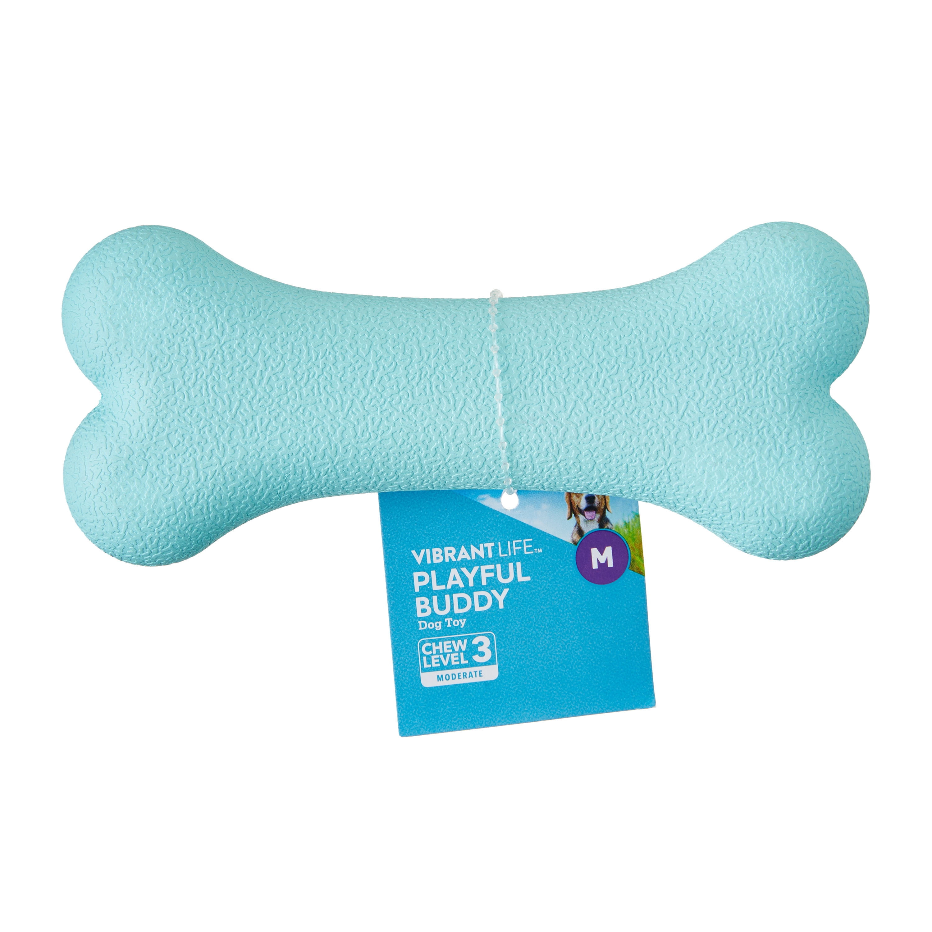 Vibrant Life Medium Blue Durable Rubber Dog Bone with Squeaker, Chew Level 3