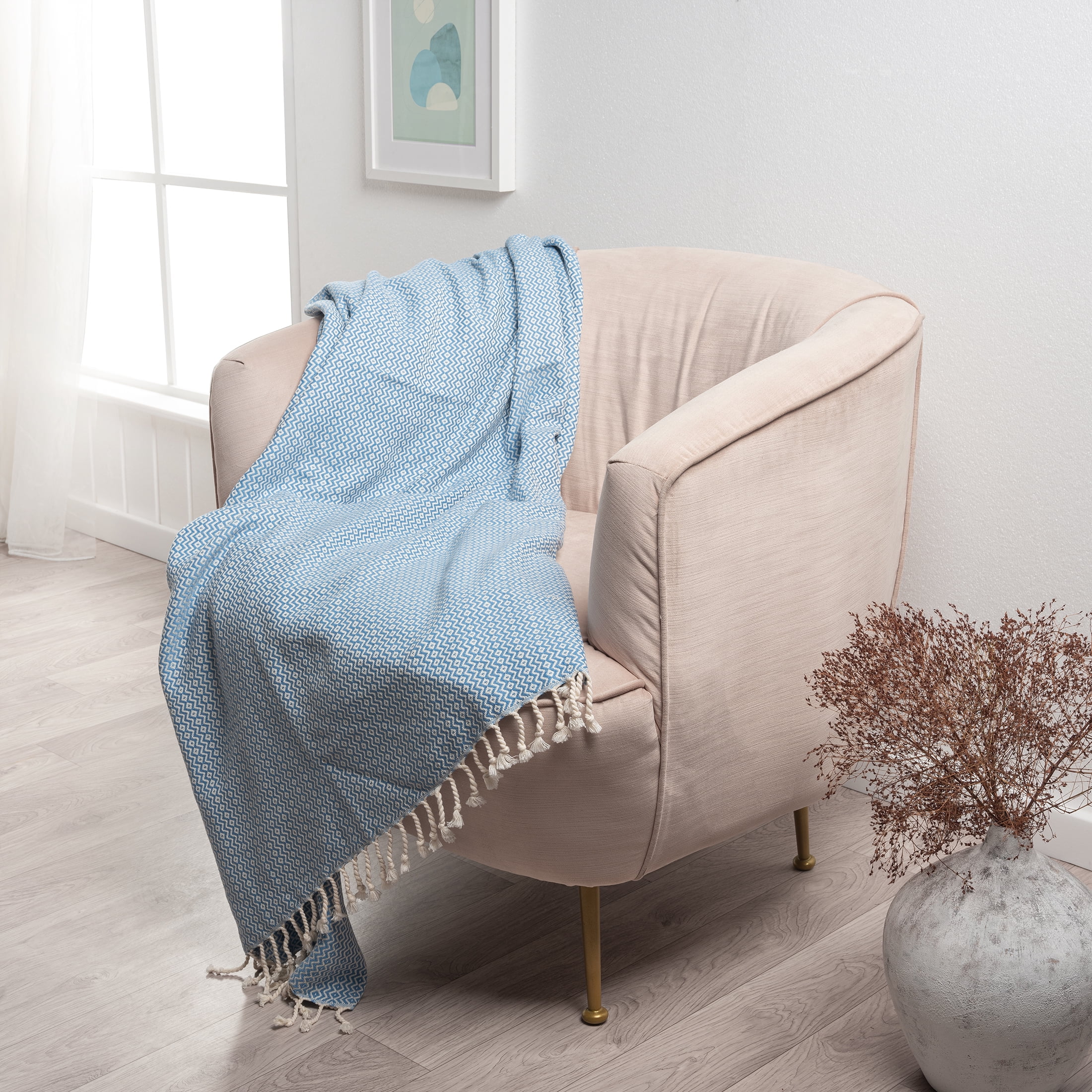 Ox Bay Shashi Light Blue Diamond Ultra-Soft Turkish Cotton Throw Blanket, 50" x 60"