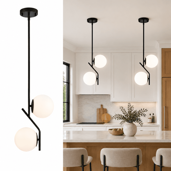 ASHOP Black Pendant Light 2-Light with 5.9'' Glass Globe Mid-Century Modern Lighting for Kitchen Island