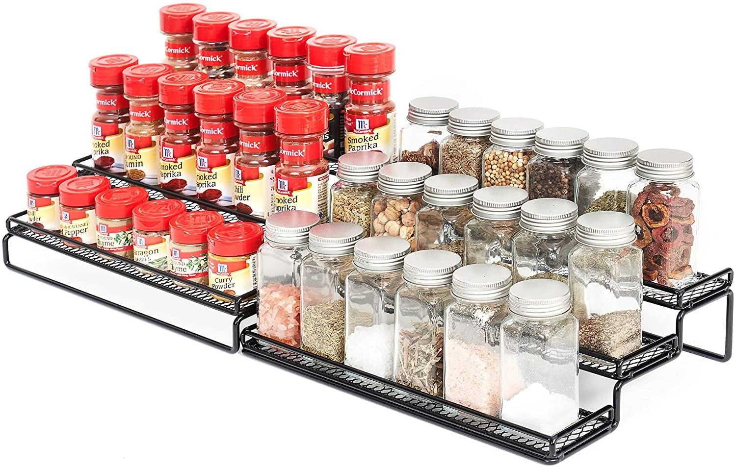 Double Tiers Wooden Spice Bottles Rack Stable Seasoning Storage Holder Stand 