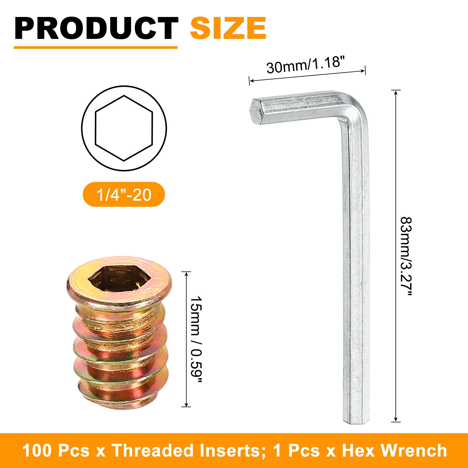 100 Pcs Threaded Insert for Wood, 1/4 - 20 Threaded Studs 15mm Length, Gold
