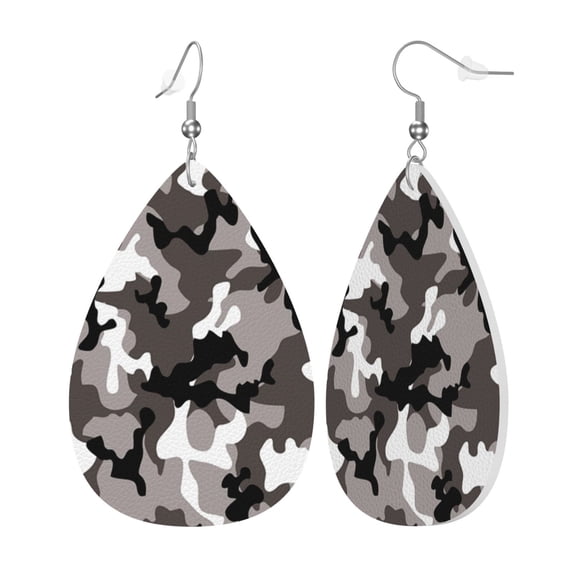 Gray Camouflage Leather Teardrop Earring Lightweight Drop Earrings For Women