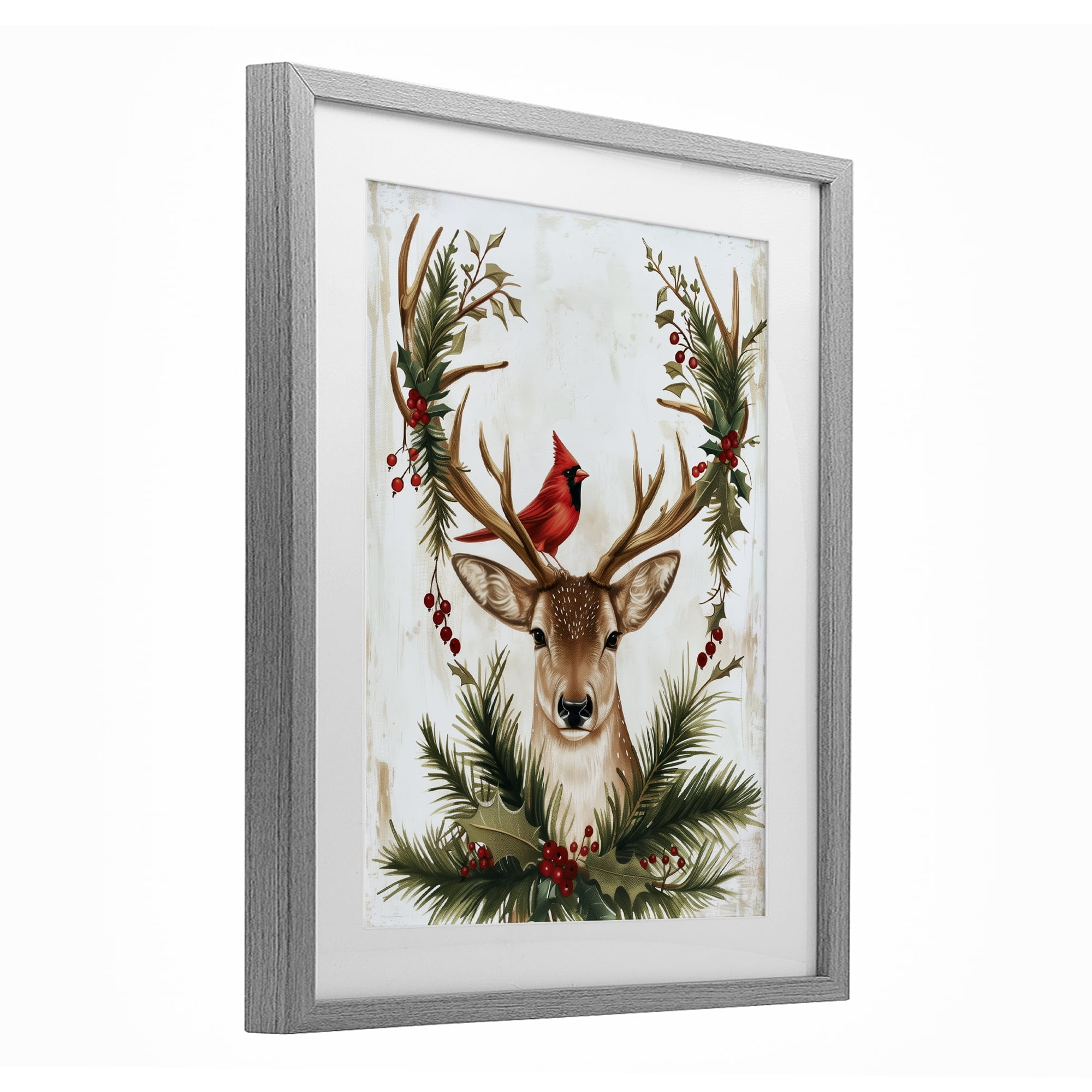 Stupell Industries Cardinal & Deer with Festive Flora Gray Framed Print Under Glass, design by Acorn & Ivory Designs