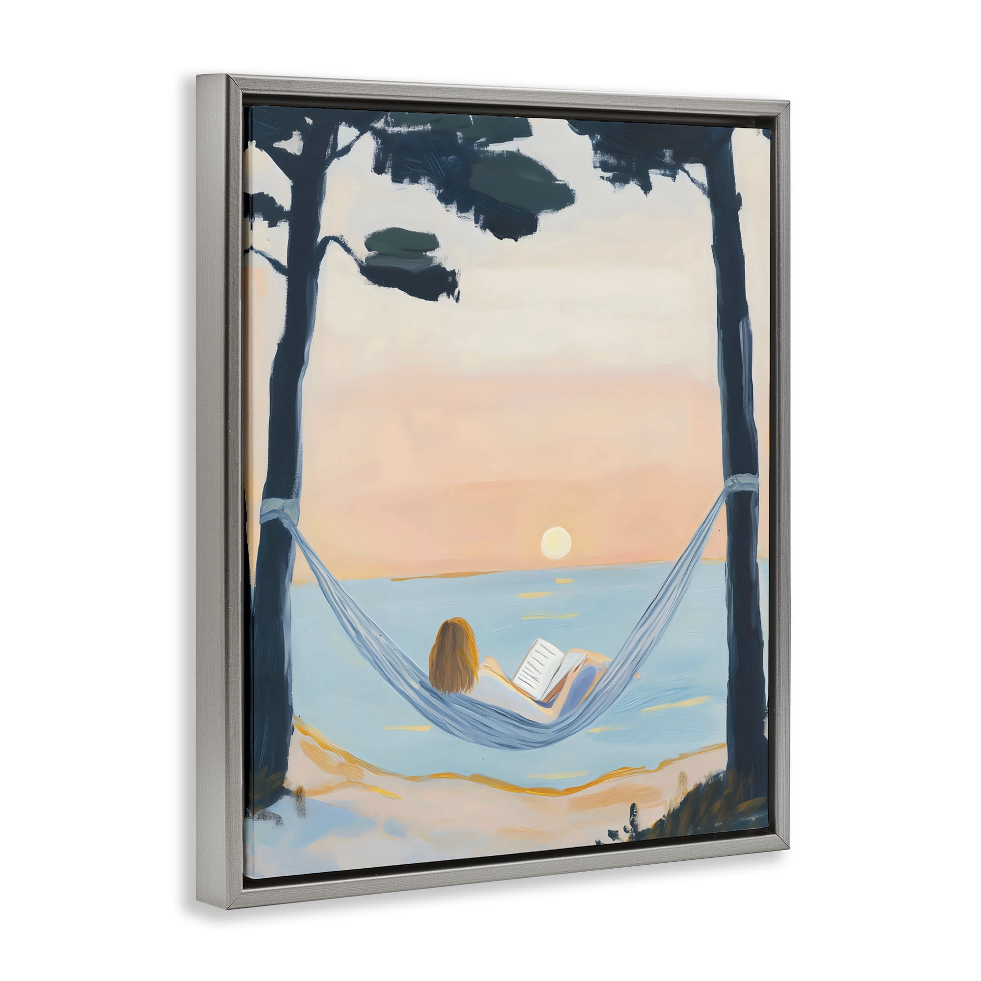 Stupell Industries Reading At Sunset in Hammock Gray Framed Floater Canvas Wall Art, design by The Prints Vibe
