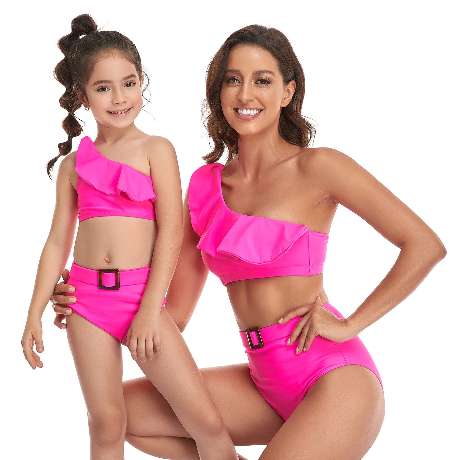 Miccostumes Swimsuits Cute Pink for Bathing Ruffled Bikini Set Lace-up Top  and Shorts Two Piece Bathing Suit Swimwear