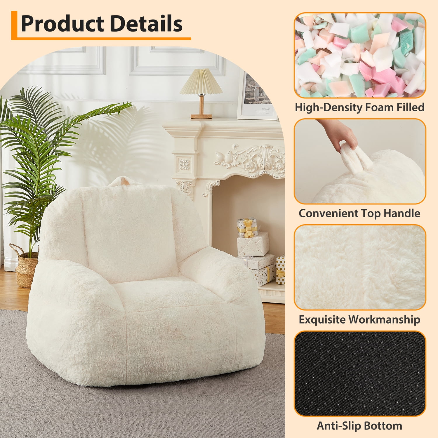 COZONY 39" Large Bean Bag Chair for Adults and Teens with High-Quality Filling, Versatile Sofa for Living Room, Basement, Game Room,white