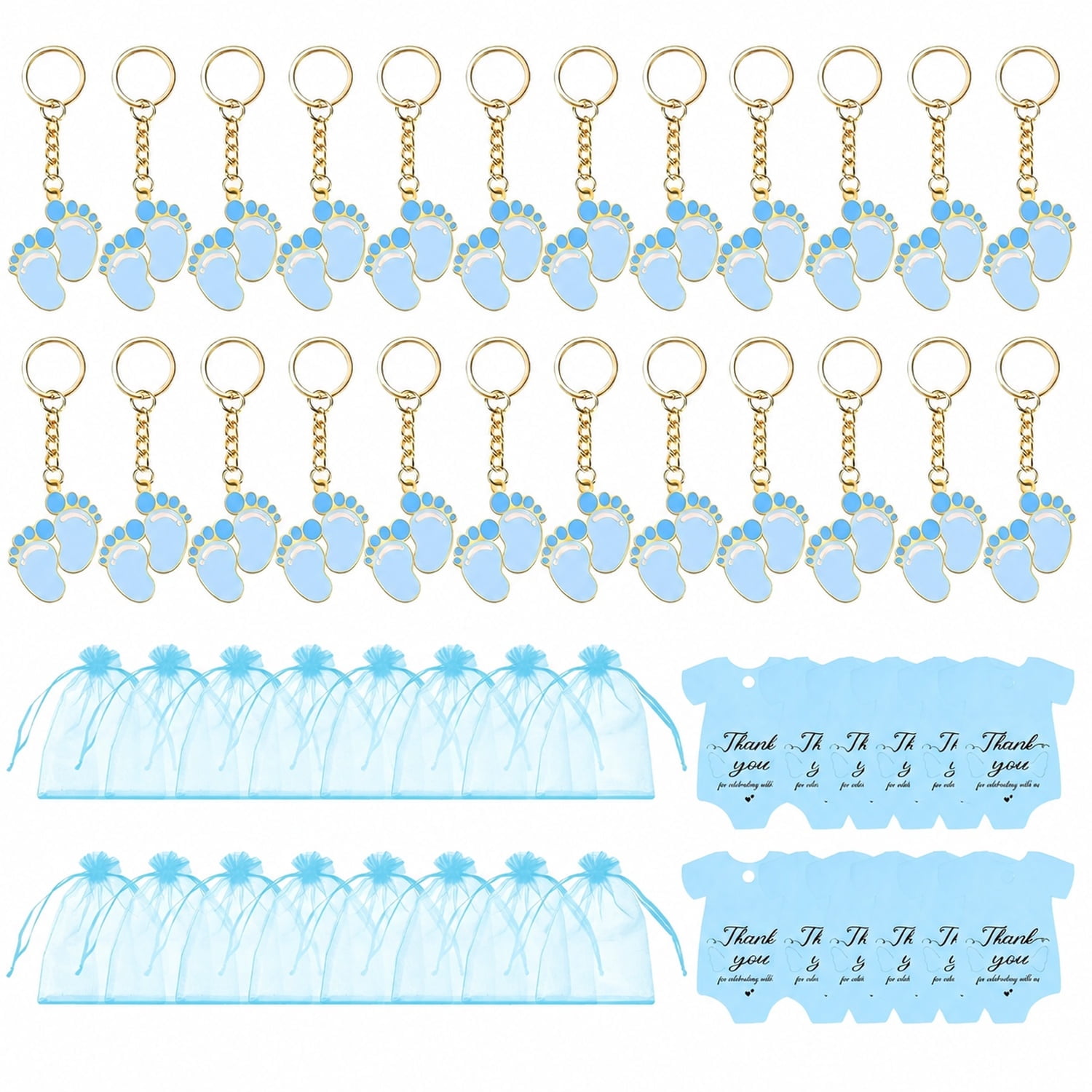 24 Sets Baby Shower Favors for Guests, Blue Baby Footprint Keychains with Organza Bags and Thank You Cards, Gender Reveal Gifts, New Baby Celebration Keepsake Souvenirs
