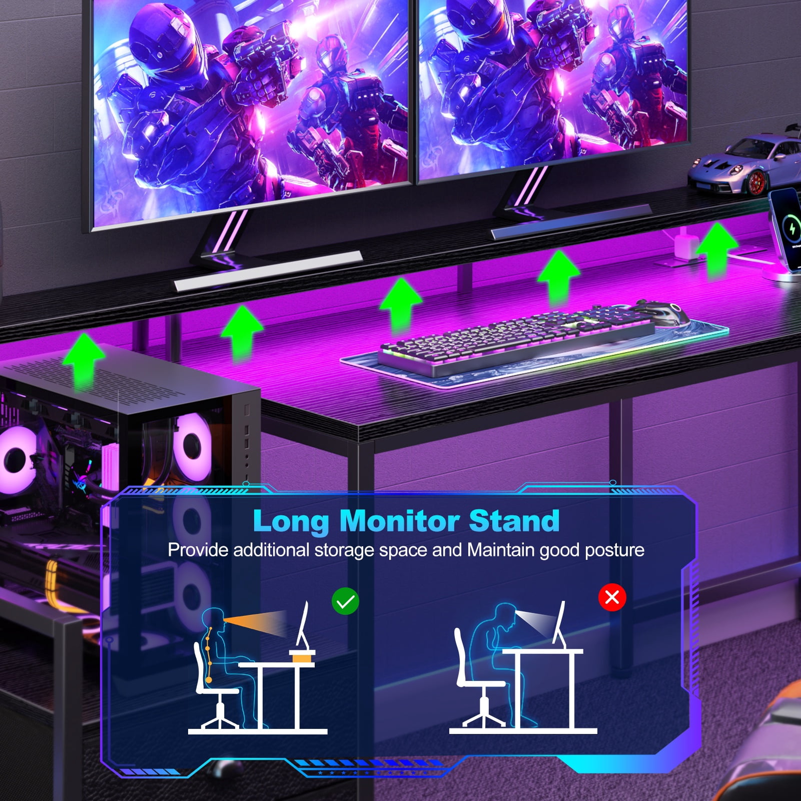 Satifur 66" L-Shaped Gaming Desk with LED Lights & Power Outlets, Computer Desk with Drawers & Printer Stand, Black