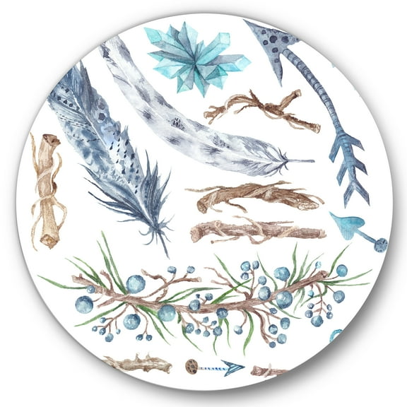 Designart 'Tribal Forest Elements' Bohemian & Eclectic Circle Metal Wall Art 36x36 - Disc of 36