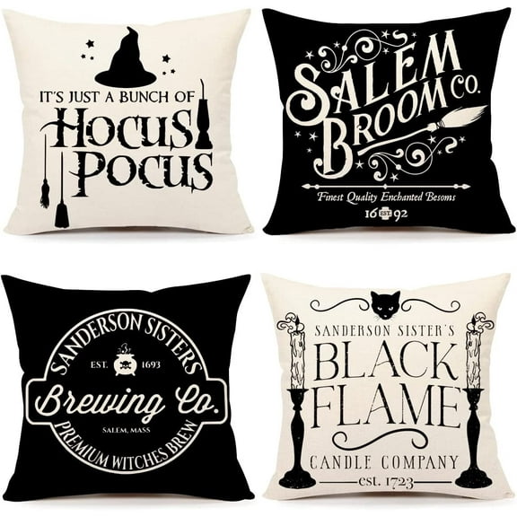 Halloween Decor Pillow Covers 18x18 Set of 4 Halloween Decorations Hocus Pocus Farmhouse Saying White Black Outdoor Fall Pillows Decorative Throw Cushion Case for Home Couch
