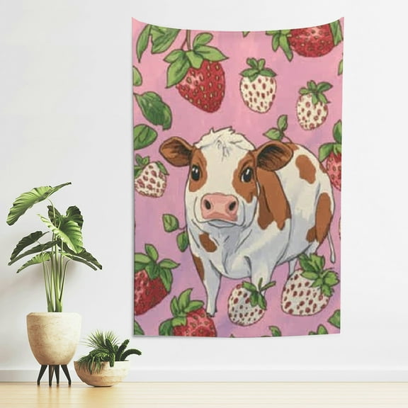 FCXZI Cow Strawberries Wall Tapestry Art for Living Room Bedroom 40*60in