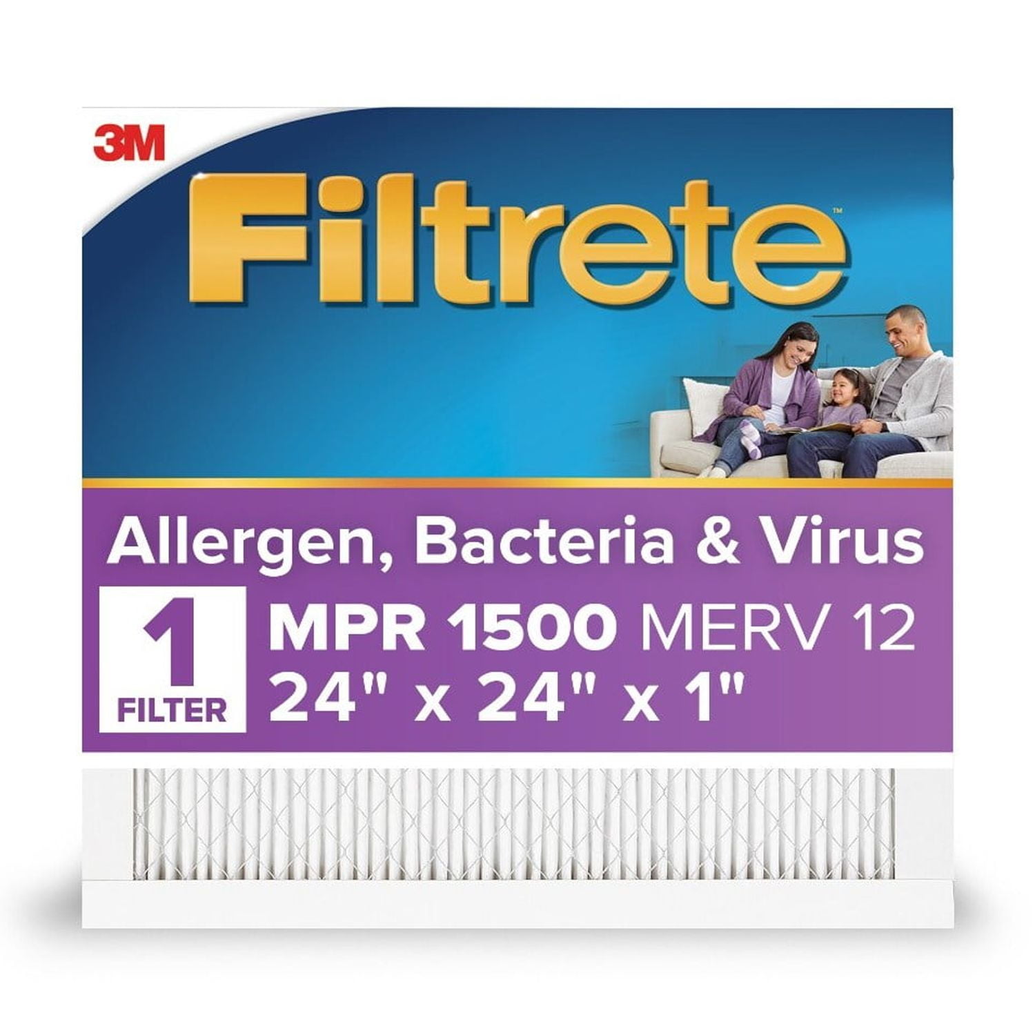 (4 pack) Filtrete 24x24x1 HVAC Furnace Air Filter, MPR 1500 MERV 12, Allergen, Bacteria and Virus, 1 Filter