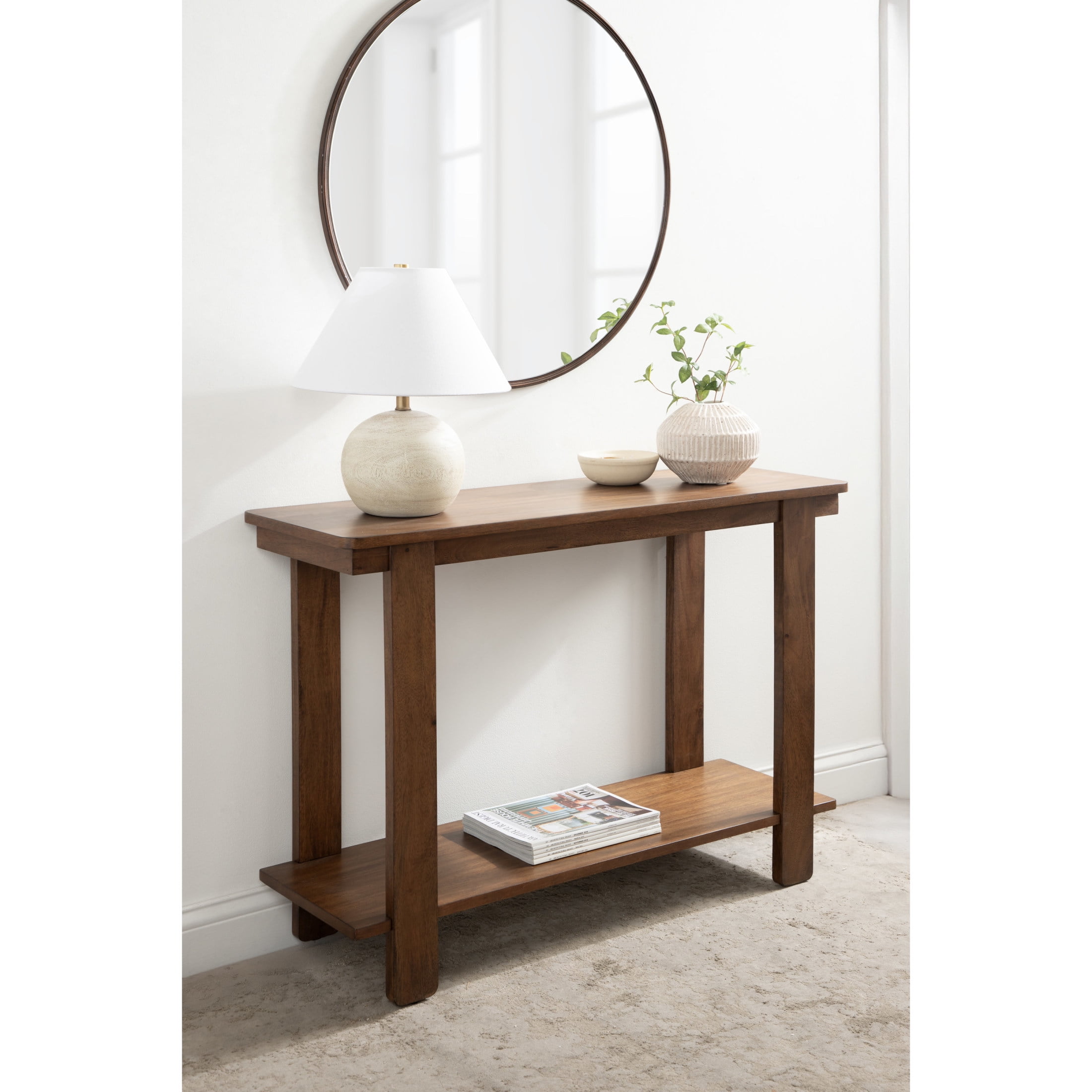 Kate and Laurel Foxford Tiered Rectangle Console Table, 42 x 14 x 30, Walnut Brown, Transitional Two-Tier Wood Entryway Table with Storage for Use as Living Room Behind Couch Table