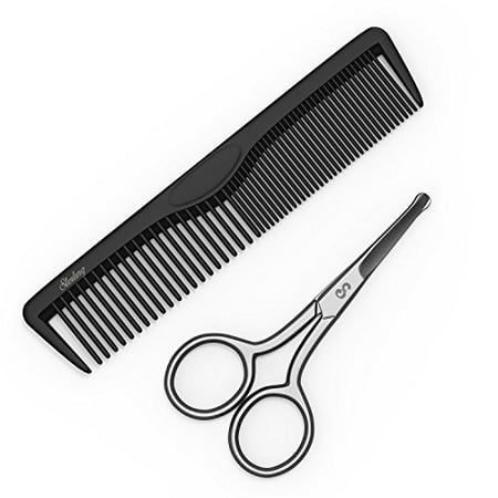 3.5" Safety Rounded Tip Facial Hair Scissors, Trimming Scissors & Comb for Beards, Mustaches, Eyebrows, Nose Hair, Ear Hair & Personal Care Trimming - Stainless Steel By Sterling Beauty Tools.