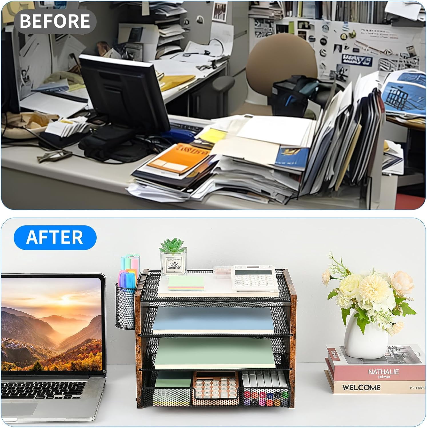 Desk Organizer and Accessories, 4-Tier Paper Letter Tray File Organizer with Drawer & 2 Pen Holder, Office Desk Accessories Workspace Desktop Organizer for Office Supplies(Brown)