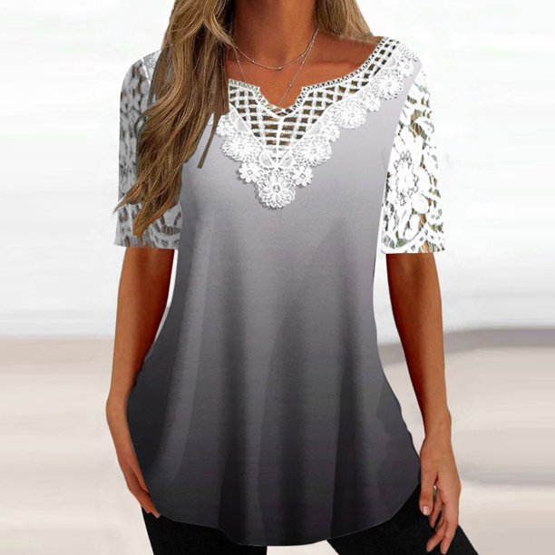 ICHUANYI Clearance Women's Fashion Casual Plus Size Lace V-Neck Short Sleeve Blouse T-Shirt Tops(Gray, XL) ICHUANYI WER2023080816644