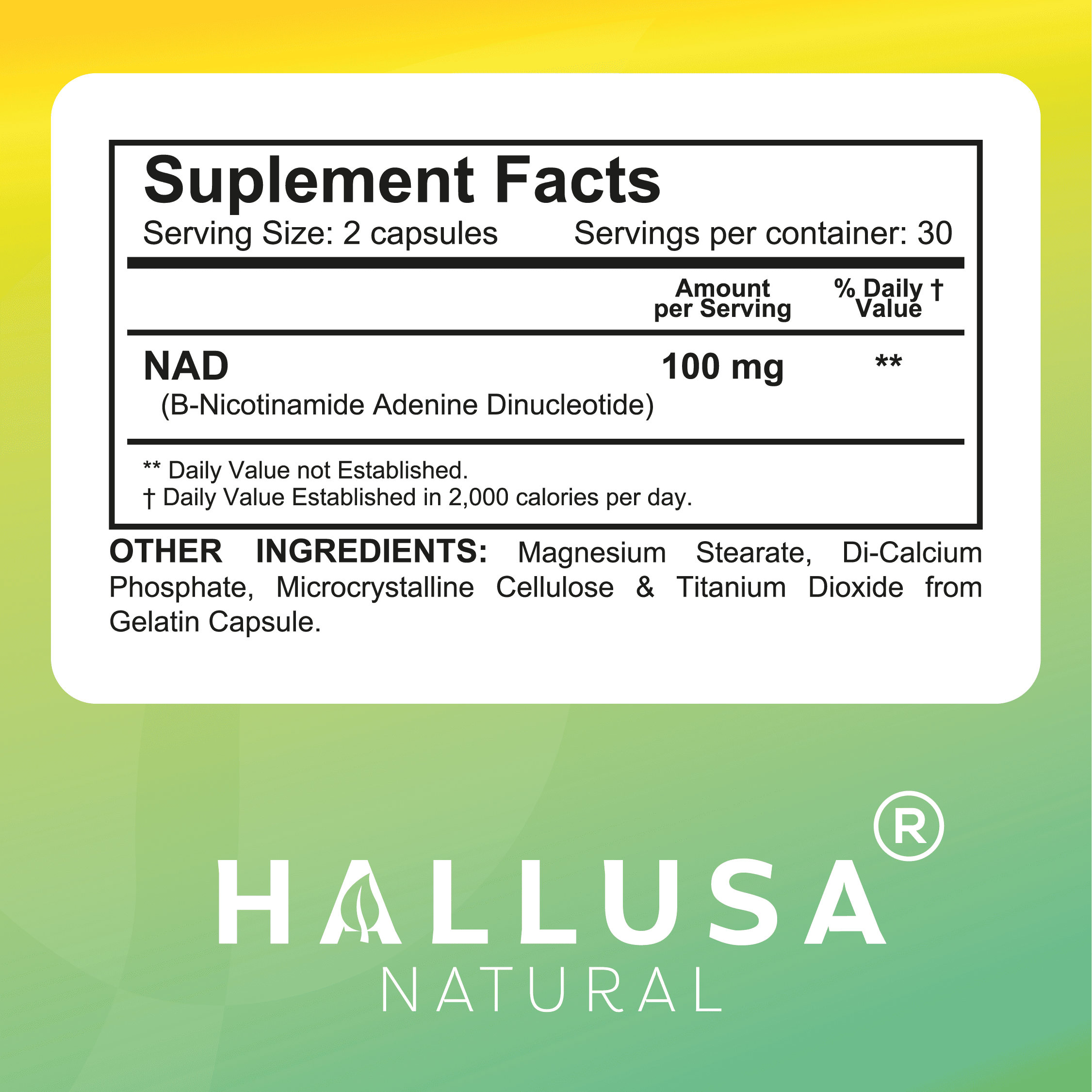 HALLNAD – NAD 100mg Max Strength, NADH Healthy Aging, Heart Health, Cellular Health, Fitness Support & Energy Management – 60 Caps