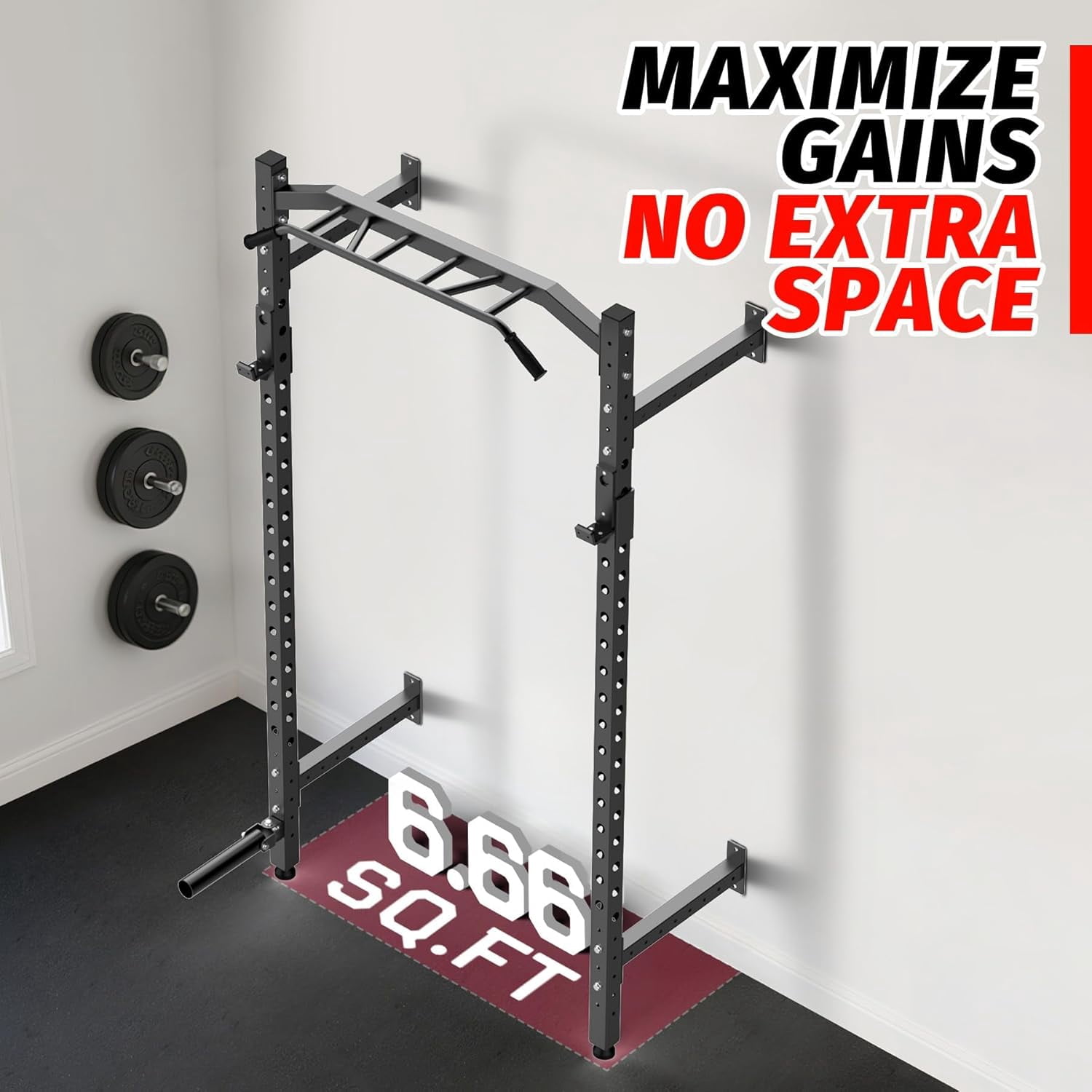 Commercial Wall Mounted Squat Rack, Heavy Duty Carbon Steel Home Gym Equipment with Multi-Grip Pull Up Bar, j-Cups & Landmine Attachment for Home and Garage Gym, Black/Red