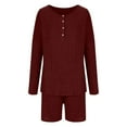 thumbnail image 5 of Lovskoo Pajamas for Women Set Ribbed Knit Lounge Set Long Sleeve Top and Shorts Sleepwear Pajama Set Two Piece Shorts Outfits Set Claret 2XL, 5 of 7