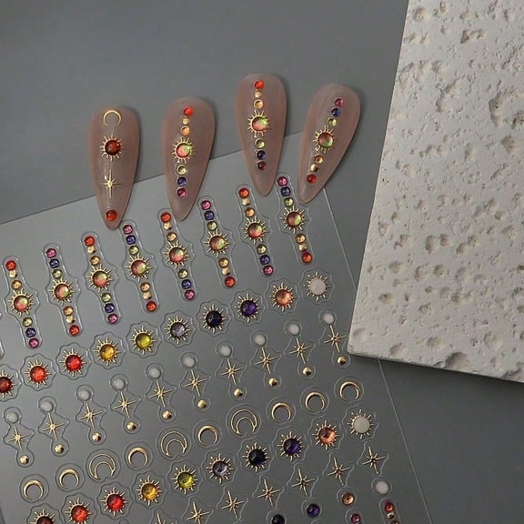 Sun Moon Star Jelly Nail Art Stickers - 3D Relief Crystal Hot Stamping Color Nail Decals, Adhesive Manicure Charms for DIY Nails