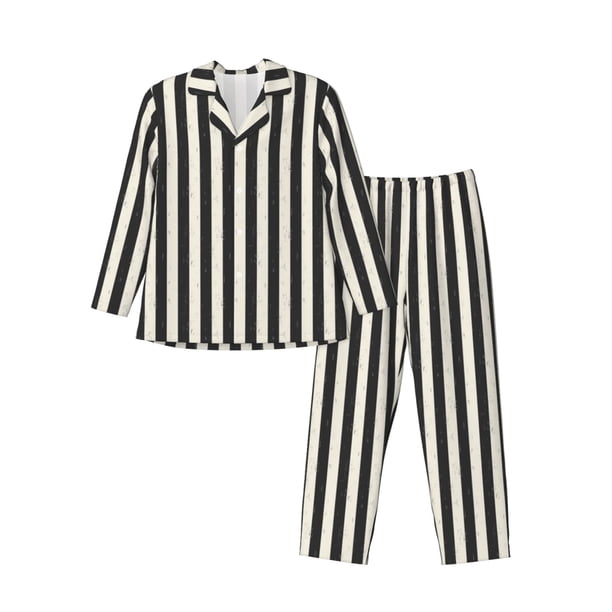 Balery Black And White Thick Stripes Pijama para Hombre de Dos Piezas con Manga Larga, Conjunto de Dormir y Descanso Suave con Bolsillos-Large