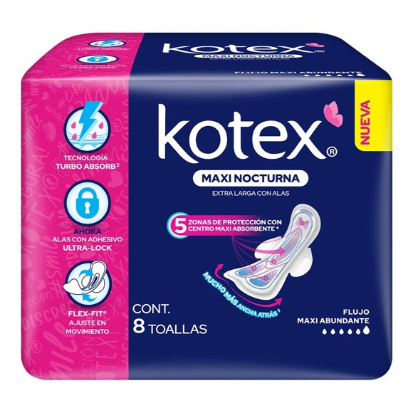 Toallas femeninas Kotex Maxi Nocturna extra larga con alas flujo maxi abundante 8 piezas