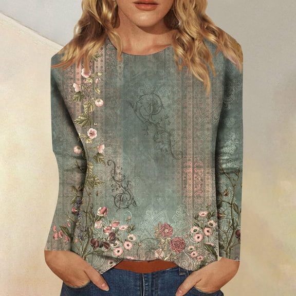 BLTIBY Sweatshirts for Women Autumn Long Sleeve Round Neck Printed Pullover Shirts Tunic Tops Fashion Casual Loose Army Green XXL