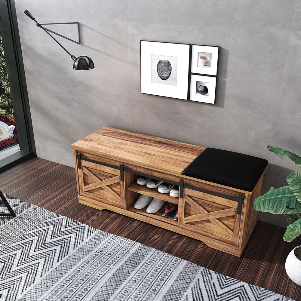 Kadyn 47 Inch Storage Bench, Modern Farmhouse Sliding X Barn Door Litterbox Bench with Entry Cutout and Adjustable Shelves, Shoe Bench for Entryway, Brown Kadyn 47 Inch Storage Bench, Modern Farmhouse Sliding X Barn Door Litterbox Bench with Entry Cutout and Adjustable Shelves, Shoe Bench for Entryway, Brown