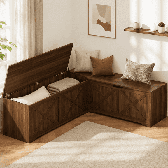 Doyolan L-Shaped Storage Bench with Hidden Storage, Farmhouse Corner Bench Seat,Wooden Storage Chest Cabinet, Entryway Bench for Living Room, Bedroom, Mudroom - Walnut