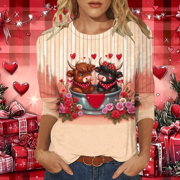 Xuyuer Valentine T Shirts Love Heart Printed Graphic Tee Tops Women's Casual 3/4 Sleeve T-Shirts Round Neck Cute Tunic Tops Basic Tees Blouses Business Work Tee Top Spring Shirts