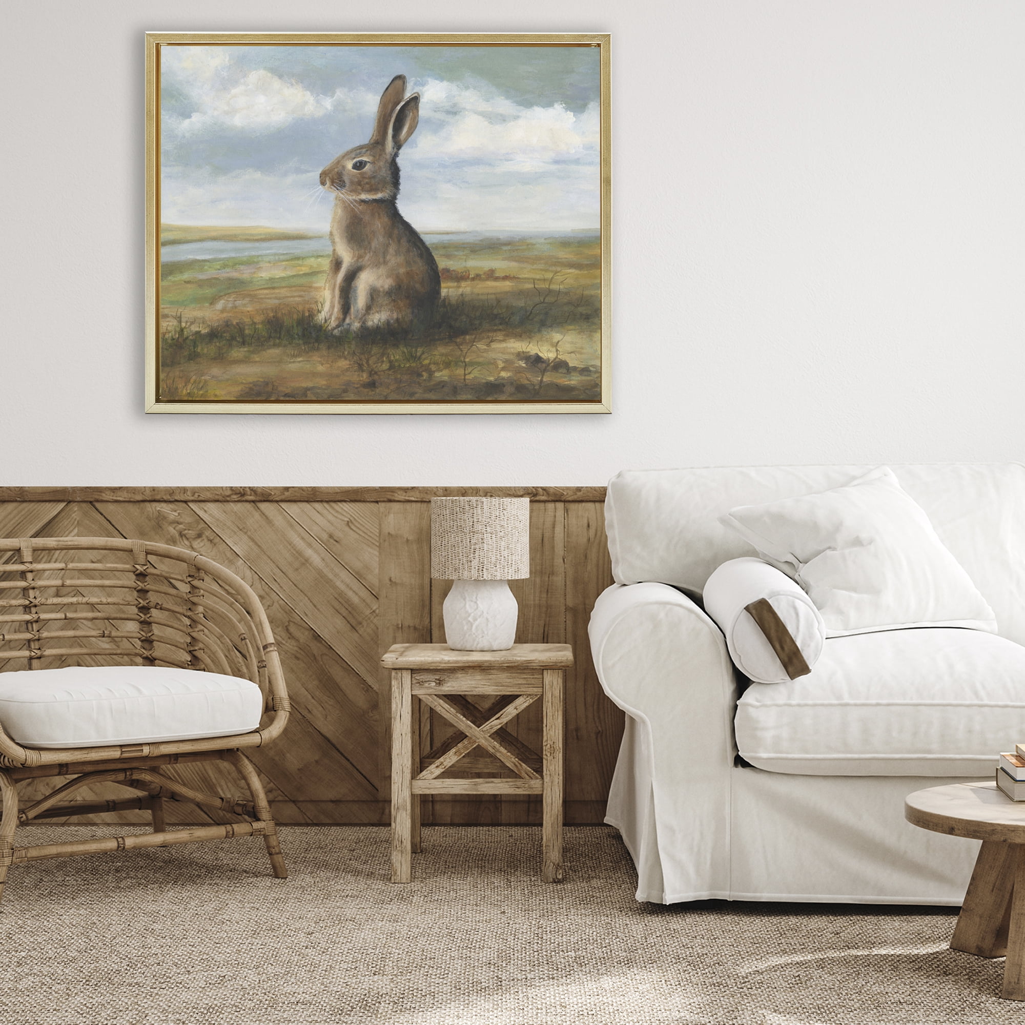 Stupell Industries Classic Rabbit in Countryside Gold Framed Floater Canvas Wall Art, design by Michael Willett