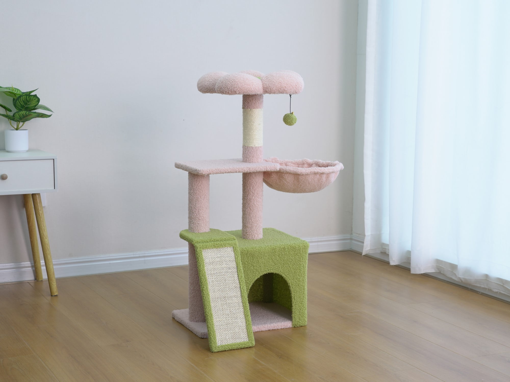 Vibrant Life Medium 4-Level 35" Flower Cat Tree with Condo and Hammock, Pink and Green