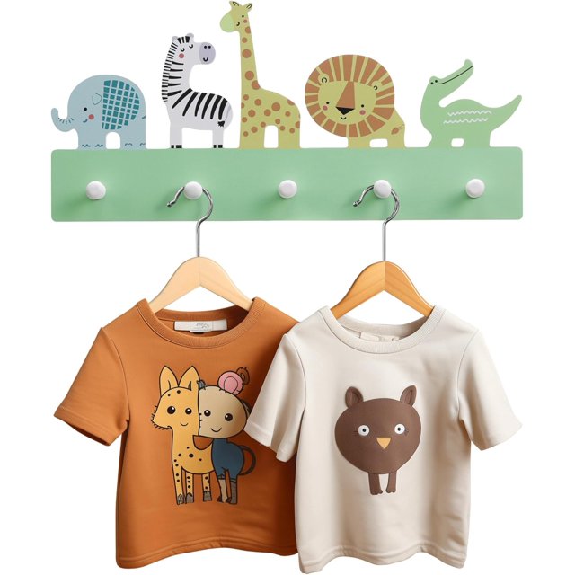 Kids Coat Hooks Rack Wooden Hanger Rail with Pegs Wall Mounted Children&#;s Coat Rack with Hooks Cute Animals Design