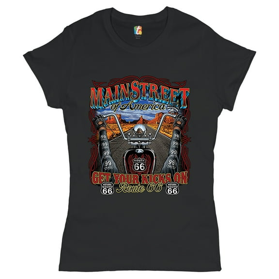 Tee Hunt Main Street of America T-Shirt Get Your Kicks on Route 66 Biker Women's T-Shirt Tee
