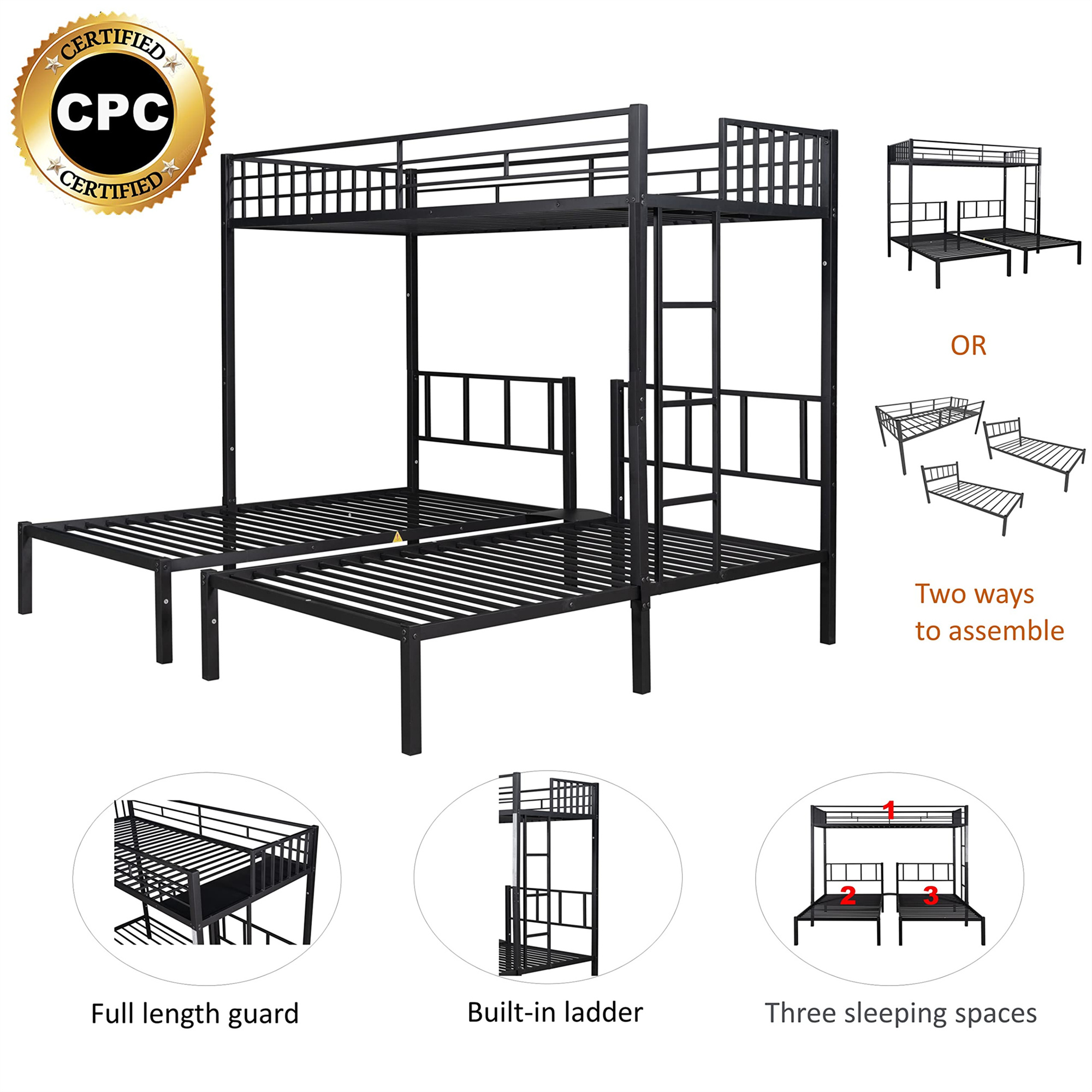 Aukfa Metal Triple Bunk Bed, Convertible to 3 Twin Bed for Kids Teens, Twin over Twin & Twin, Black