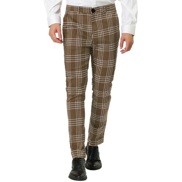 Pantalones a cuadros de vestir para hombre Pantalones formales ajustados estampados de negocios a cuadros Marron oscuro XL
