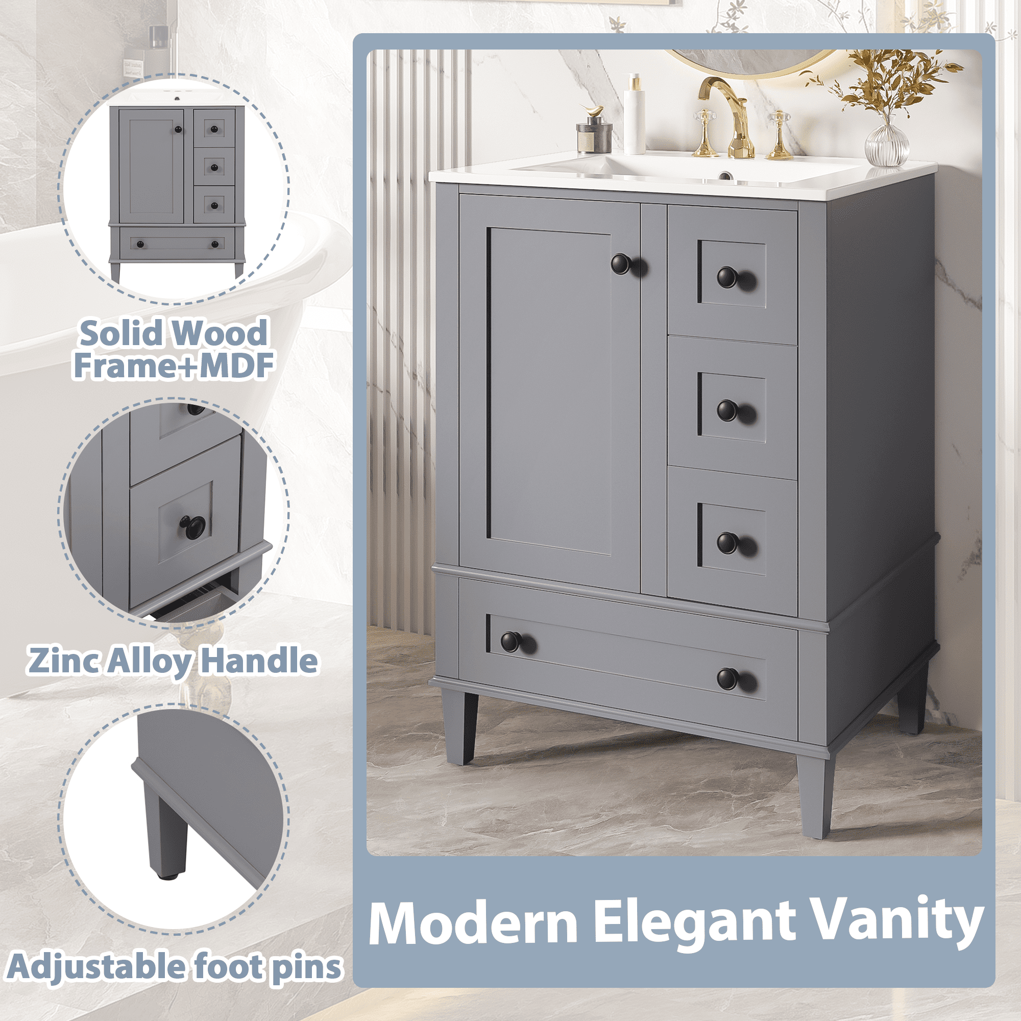 Euroco 24-inch gray bathroom vanity with an integrated ceramic basin, featuring a door-mounted double-layer shelf, soft-close drawers, and a soft-close cabinet door.