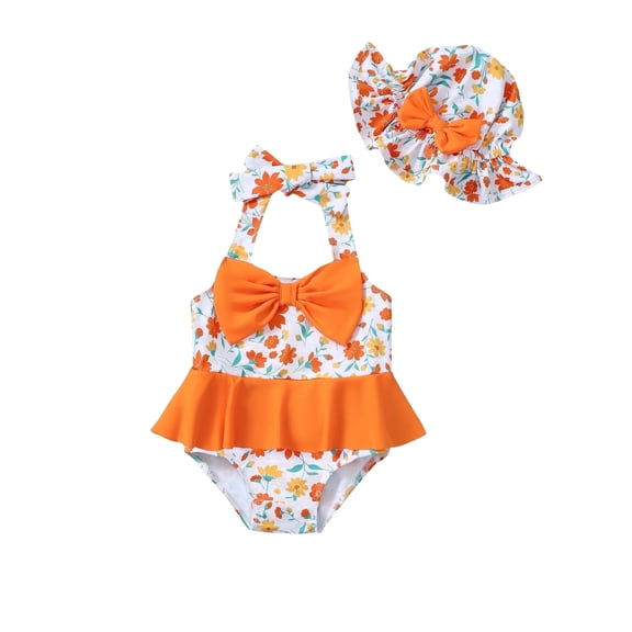 KIMI BEAR Infant Baby Girls One-piece Swimsuits 12-18 Months Summer Bathing Suits Off the Shoulder Sleeveless Halter Bow Floral Beach Wear Holiday Rash Guard with Headband 2pcs Yellow