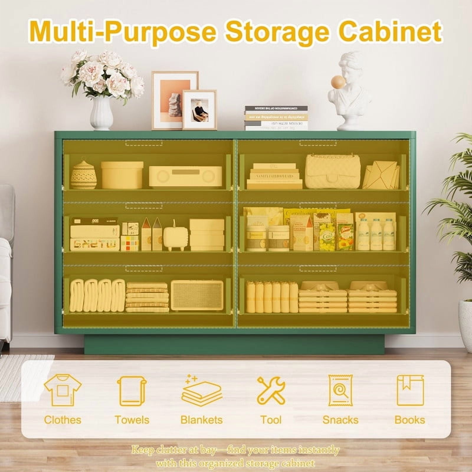 Fluted 6 Drawer Dresser for Bedroom, Wide Modern Chest of Drawers with Metal Handle, Curved Profile Design, Wood Closet Clothes Storage Organizer for Bedroom, Living Room, Hallway