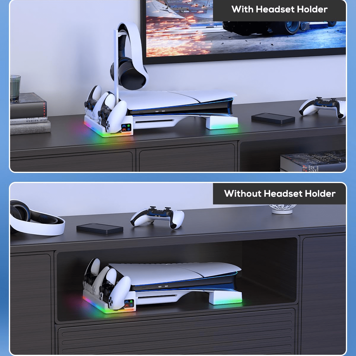 Horizontal Charging Stand & Cooling Fan Station for PS5 Slim Digital & Disc, Dual Charger for DualSense Controllers with 14 RGB Light Modes & Headset Holder Accessories-White