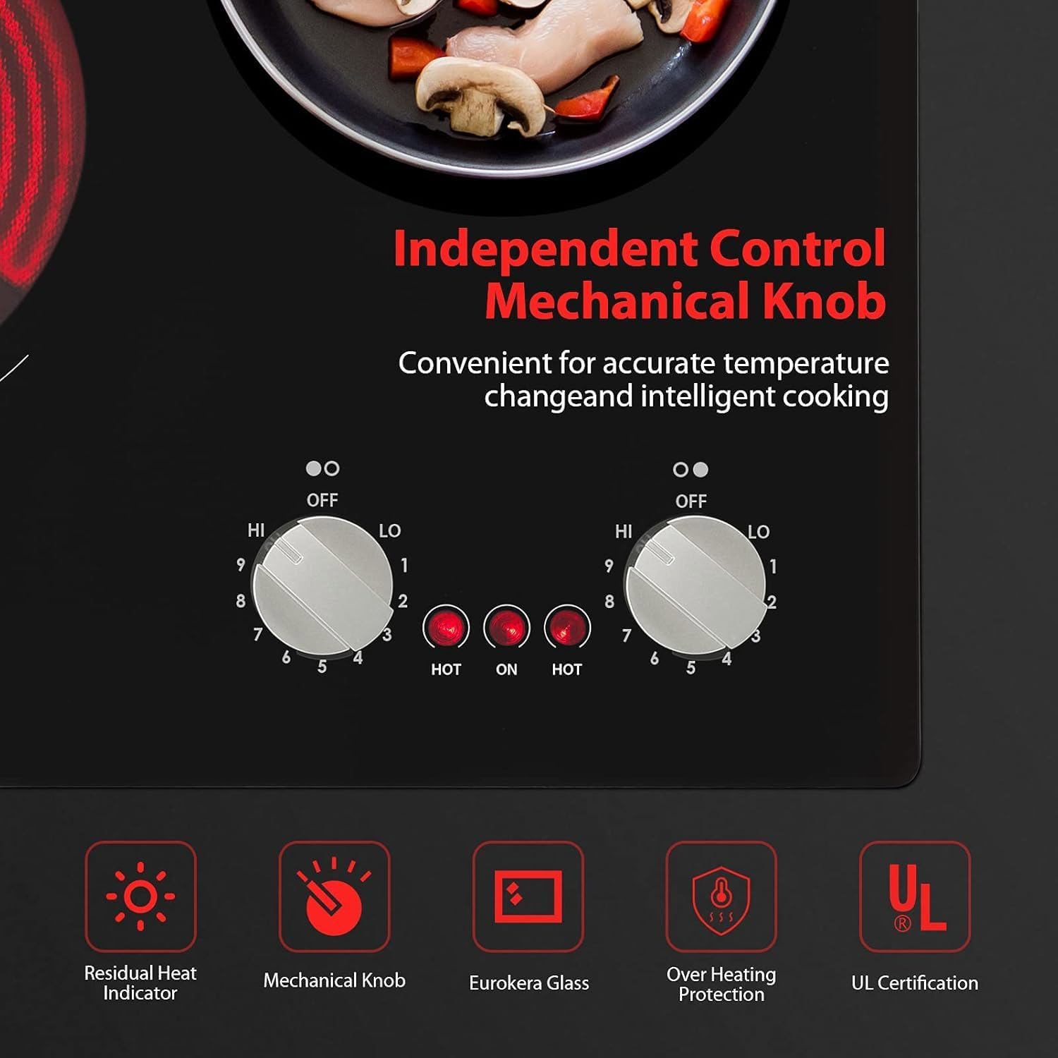 Joreek 21" Electric Cooktop Burners, 3700W 2 Burners Ceramic Glass Stove Top Touch Control Built-in Magnetic Cooktop with 9 Heating Level Child Lock & Over-Temperature Protection