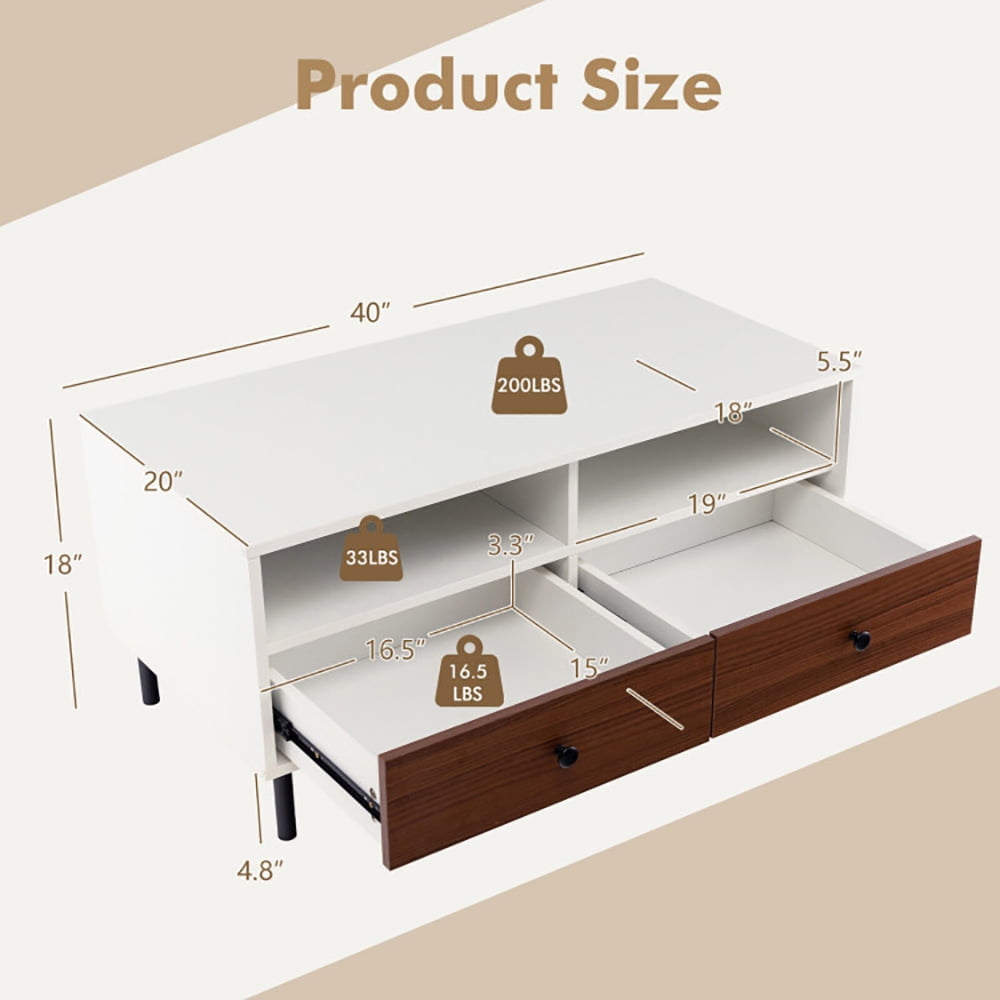Finihen Coffee Table, Rectangular Coffee Table, 2 Tier 40 Inch Length Modern Rectangle Coffee Table with Storage Shelf and Drawers, for Living Room, Reception Room, Office, White Finihen Coffee Table, Rectangular Coffee Table, 2 Tier 40 Inch Length Modern Rectangle Coffee Table with Storage Shelf and Drawers, for Living Room, Reception Room, Office, White