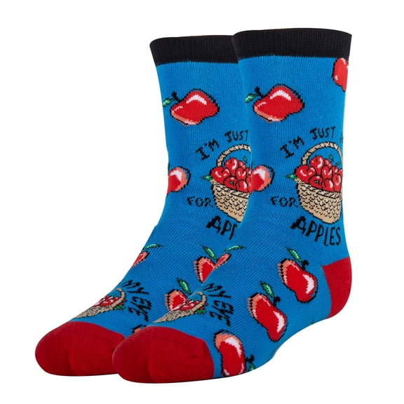 Kids Funny Crazy Silly Crew Socks, Novelty Cotton Dress Socks for Boys & Girls, Apple of my Eye, Size 1-5