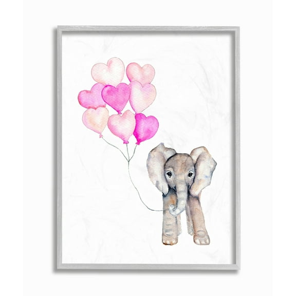 The Kids Room By Stupell Baby Elephant with Pink Heart Balloons Gray Framed Texturized Art