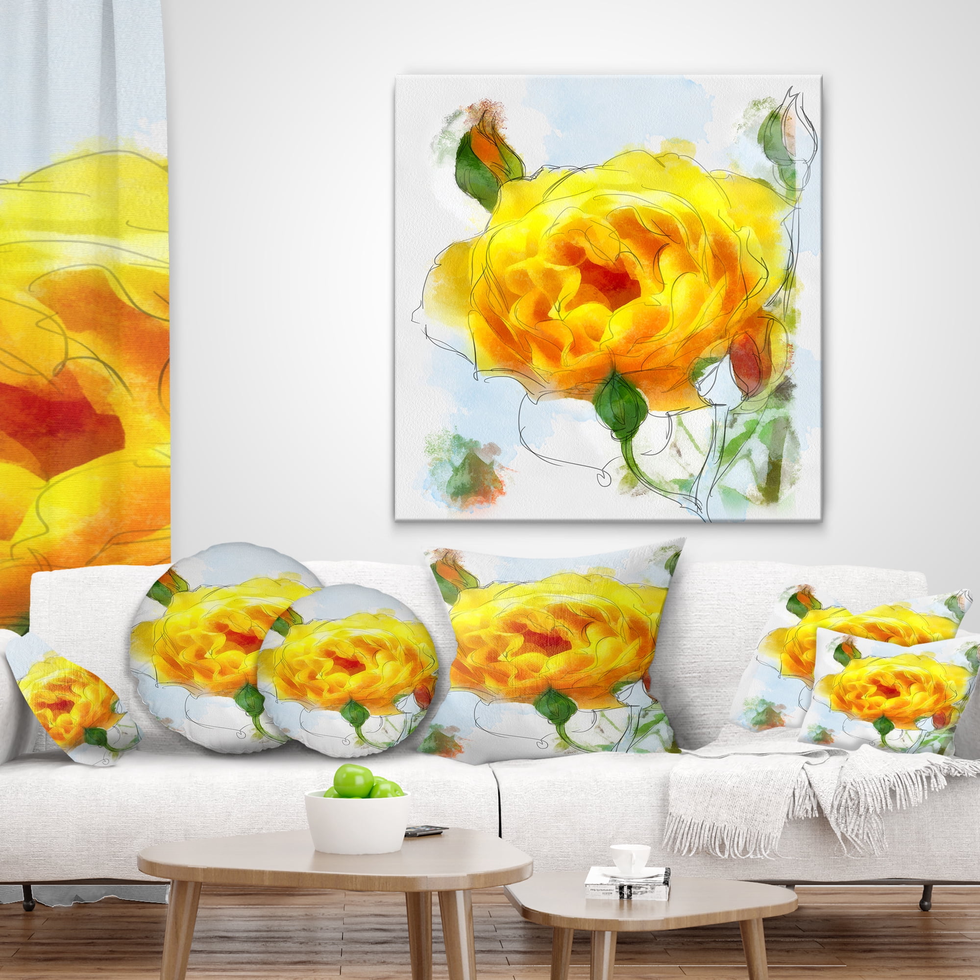 Designart Yellow Rose with Rose Buds Sketch - Floral Throw Pillow - 16x16