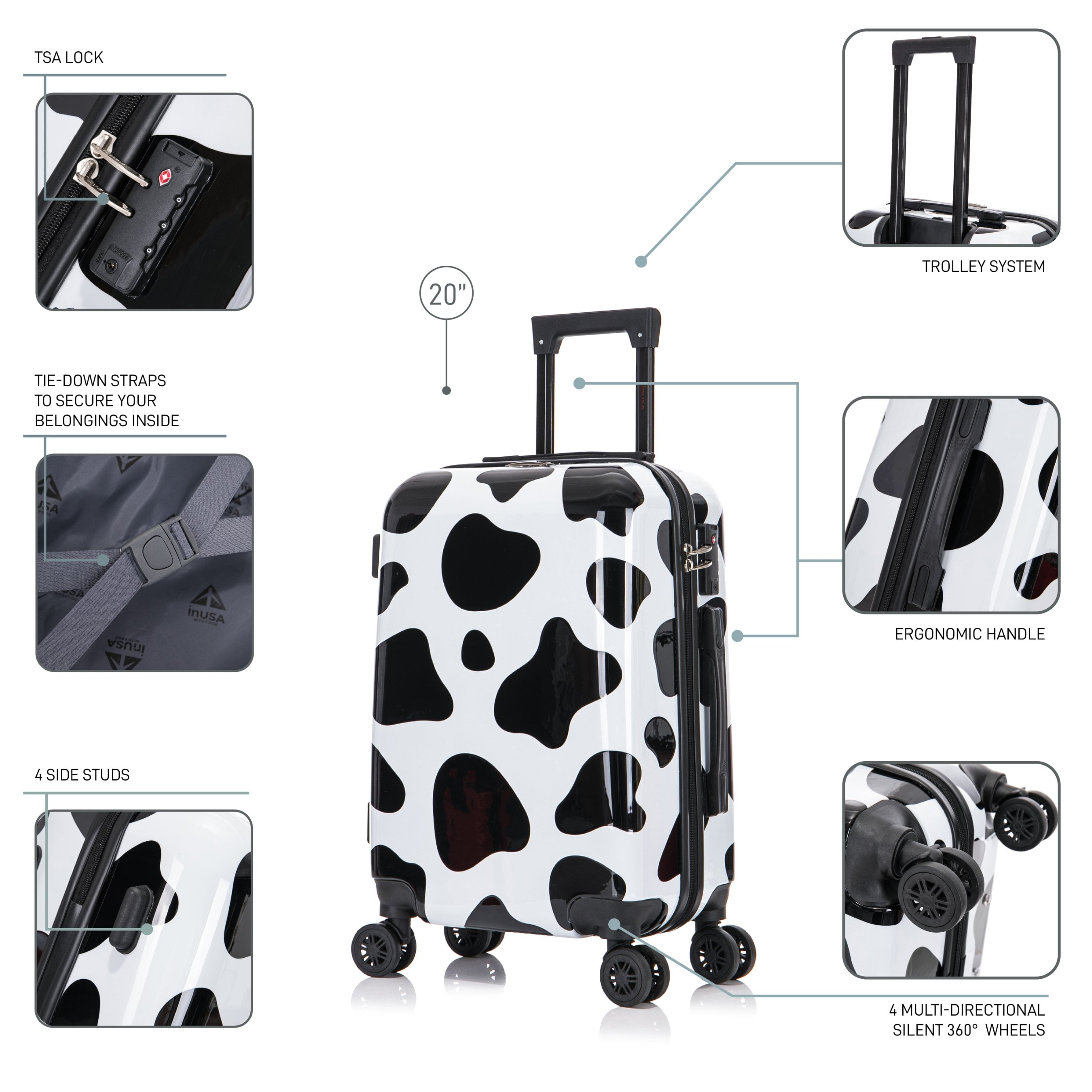 InUSA Print 20" Hardside Checked Luggage with Spinner Wheels, Handle and Trolley, Cow